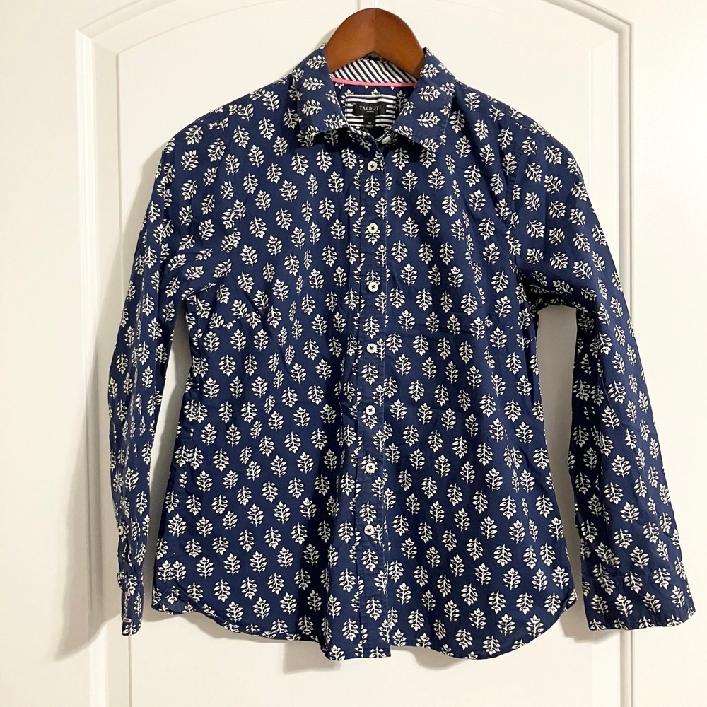 Talbots Petite 100% Cotton Long Sleeve Button-Up Collared Shirt Blue Floral Sp